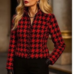 H&M Womens Cropped Wool‎ Jacket Size 10 Red Houndstooth Academia Preppy Oxford